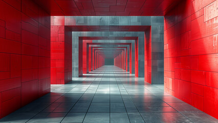 Fototapeta premium Metallic silver and crimson squares form an elegant hallway