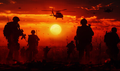 Fototapeta premium silhouettes of soldiers in the desert,war photography,