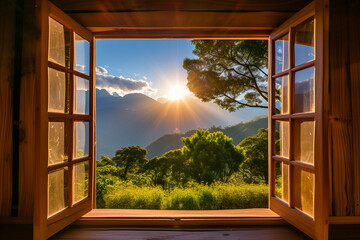 an open window with a view of mountains and sun


