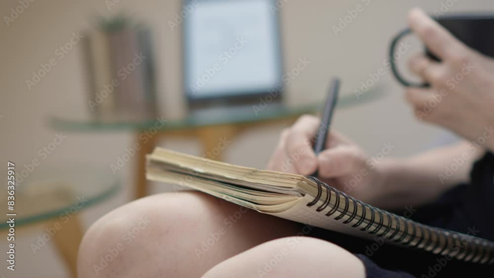 Poster A person is peacefully jotting down notes in a notebook while holding a mug, creating a relaxing and cozy environment for creativity and focus. The atmosphere is ideal for productive work