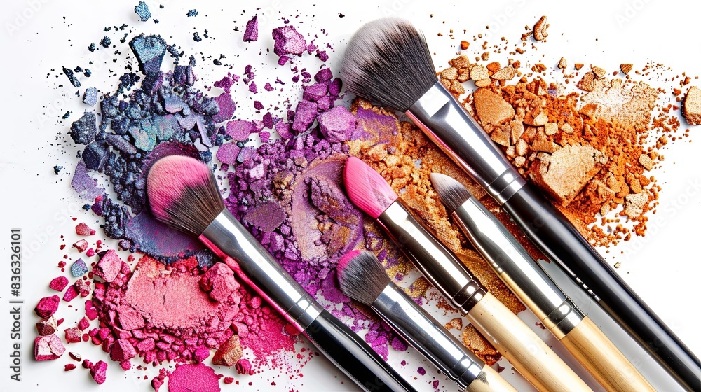 Aufkleber an artistic arrangement of various makeup brushes covered in vibrant eyeshadow and blush on a white 
