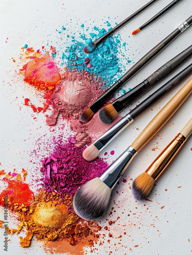 Poster a close-up shot of makeup brushes with various eyeshadow colors scattered around them. generative ai