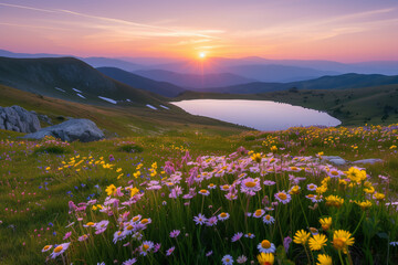 Beautiful sunset in Retezat mountain, Romanian Carpathians. view of lake and flowers  