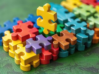 A stack of colorful puzzle pieces with a dollar sign in the center, representing building wealth through diversified investments, on a vibrant green background.