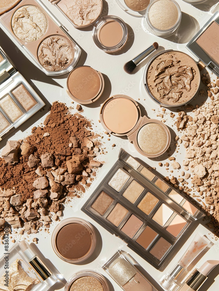 Poster various contouring palettes and highlighters are displayed on a light background, showcasing their r