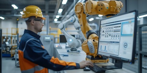 Engineers monitor robotic arms in smart factory using automation control software. Concept Robotics, Automation, Smart Factory, Engineers, Software Control