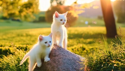 Cute white kitten in Park in nature stands on stone in outdoor. Two Fluffy kittens play in grass in sunlight at sunset. Soft focus, warm atmospheric frame.