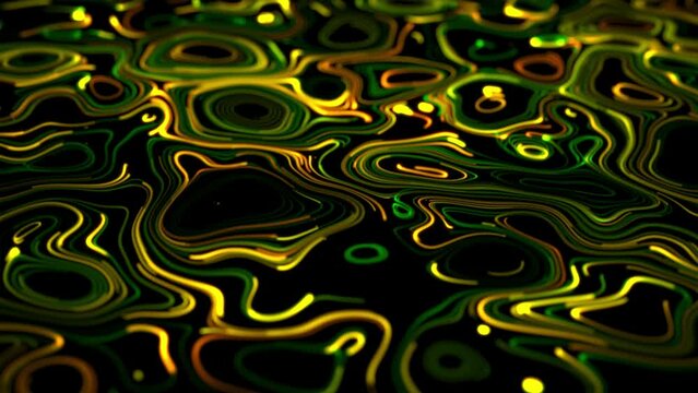 Fluorescent patterns background with glowing yellow and green neon swirls. Psychedelic trippy animation for trance music festival, spiritual esoteric visualisation and nightclub performance. 4k 30fps
