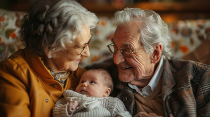 Senior Couple Holding Newborn Baby in a Warm, Cozy Living Room. Generative ai