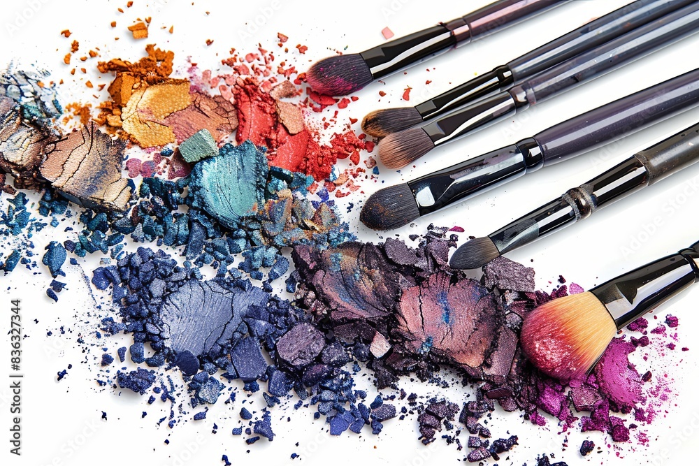 Poster a group of makeup brushes covered in colorful eyeshadow and blush arranged on a white background. ge