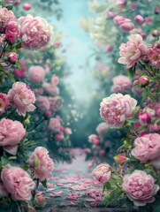 Pink Peony And Rose Garden Path In Bloom