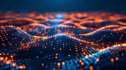 Obraz premium Minimalistic network of glowing blue nodes and lines forming abstract geometric shapes, dark blue background, high-tech digital connections, futuristic feel, depth of field effect