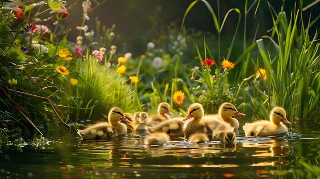 Capture a serene, panoramic view of a group of ducklings swimming in a calm pond, surrounded by vibrant green reeds and colorful wildflowers