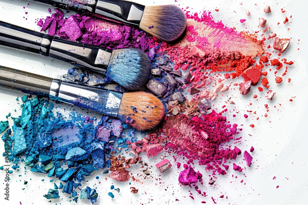 Poster a close-up shot of various makeup brushes covered in colorful eyeshadow and blush on a white backgro