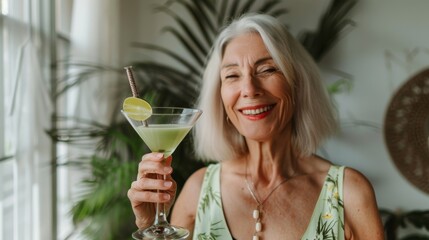 Senior Woman Enjoying a Refreshing Green Matcha Mint Cocktail at a Stylish Bar. Generative ai