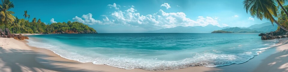 A panoramic seascape featuring an idyllic shore with sandy beaches, turquoise waters, and sunny skies.