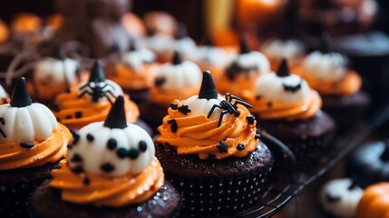 Close-up of Halloween-themed cupcakes decorated with spider webs, ghosts, and pumpkins