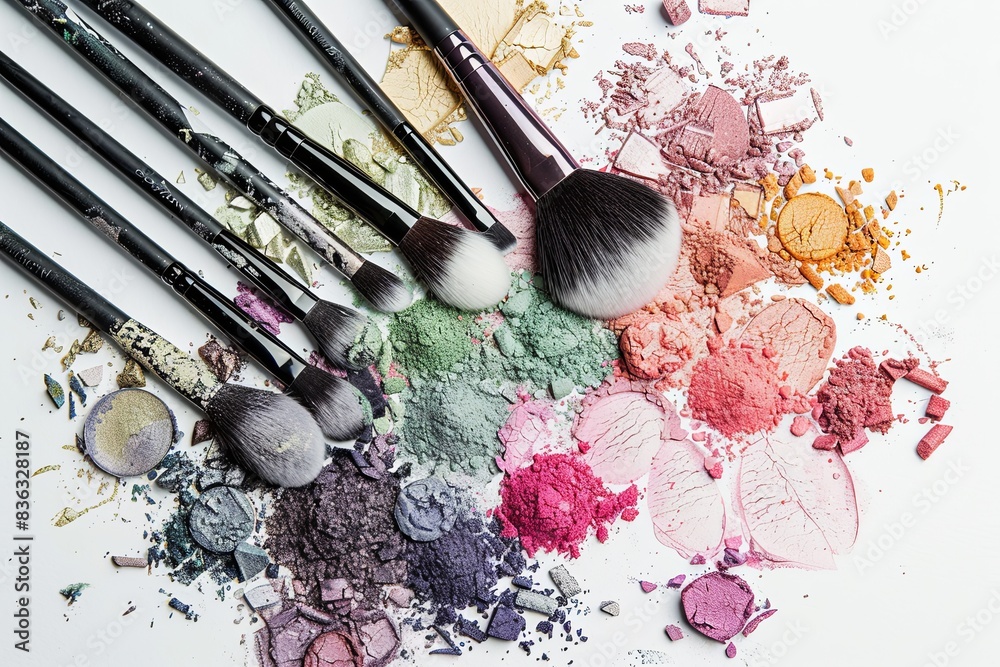 Aufkleber a collection of makeup brushes covered in colorful eyeshadow and blush on a white background. genera