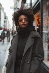 Obraz premium A trendy African lady posing on a city street, exuding hipster chic and urban style.
