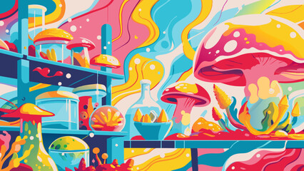 Surreal Fast Food Landscape with Vibrant Colors and Abstract Shapes