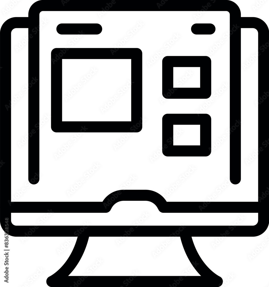 Poster black line icon representing a computer monitor with layout grids, commonly used in graphic design