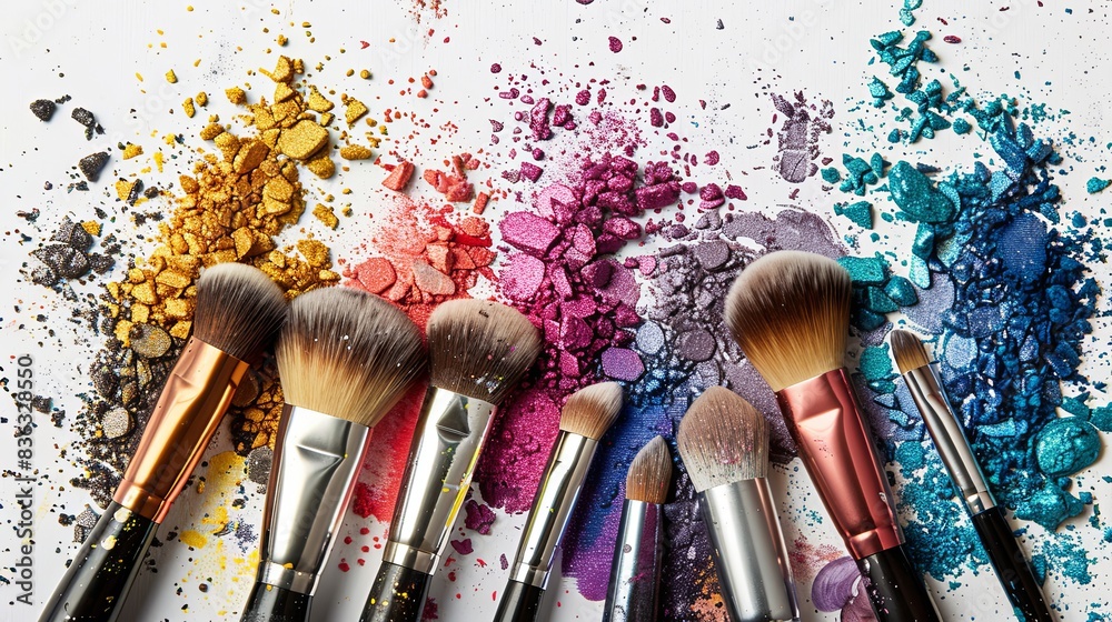 Poster a close-up view of colorful eyeshadow and blush scattered around a collection of makeup brushes on a