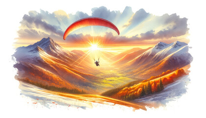 A paraglider with a bright red canopy soars over a scenic mountain landscape at sunset.