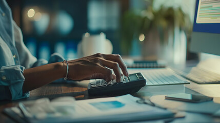 Person calculating on calculator at desk with laptop