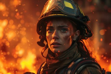 Bring to life the fearless female firefighter as she commands her team in a highresolution image Use a lowangle perspective to showcase her strength and determination against the f