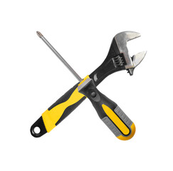 Obraz premium Repair tools set. Wrench, screwdriver, spanner, maintenance kit for mechanics. Isolated utility hardware, key symbols. Metal adjustable tools, black chrome, plumbing support.