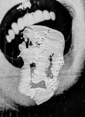 Reflective Horror. Abstract Creepy Face made by sticker paper , randomly in the mirror . Lips with...