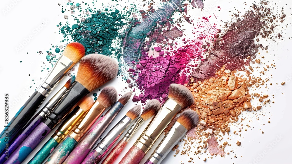 Aufkleber close-up shot of various makeup brushes covered in colorful eyeshadow and blush on a white backgroun