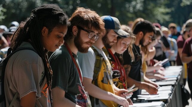 Visitors purchasing festival tickets, eager and excited, Anticipatory, Joyful, Photography, capturing the start of the adventure