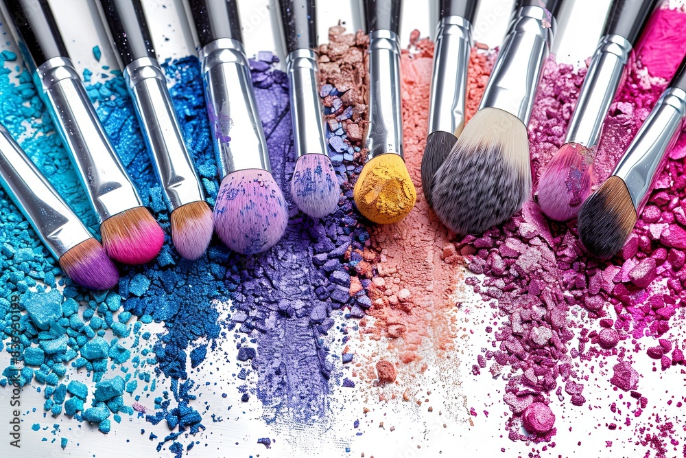 Poster close-up image of makeup brushes coated in vibrant colors of eyeshadow on a white background. genera