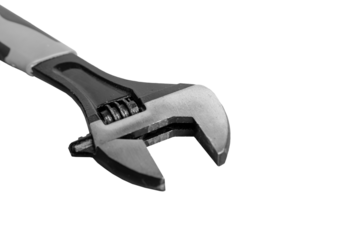 Adjustable wrench, isolated spanner key. Mechanic service tool, crescent background. Fix screws, metal plumb pipe repair. White dirty black car shifter. Swedish mechanical