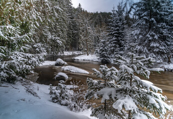 brauner Fluss fließt durch winterlichen Wald, Bäume und Felsen sind schneebedeckt