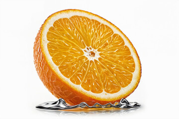 Orange in splashes of water. Half of a cut orange in water on white