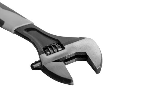 Adjustable wrench, isolated spanner key. Mechanic service tool, crescent background. Fix screws, metal plumb pipe repair. White dirty black car shifter. Swedish mechanical