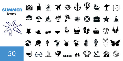 Summer vector icon set. Icons, signs and banners. Collection elements for summer holidays, travel, tourism and parties. Vector illustration