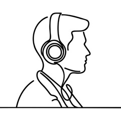 Single one line drawing man wearing headset. Continuous line draw design graphic vector illustration.