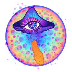 Magic mushroom with an eye. Psychedelic hallucination. Vibrant vector illustration collection isolated on white. 60s hippie colorful art in vivid acid colors. Sticker, patch, poster graphic design.