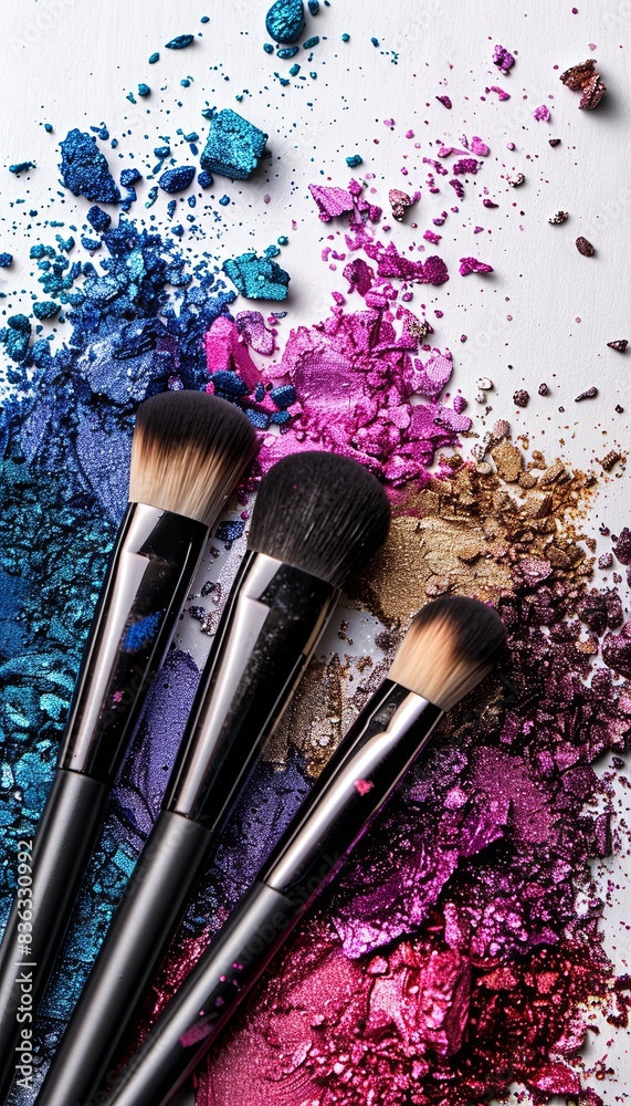 Poster A close-up image of three makeup brushes covered in various colors of eyeshadow and blush on a white background. Generative AI