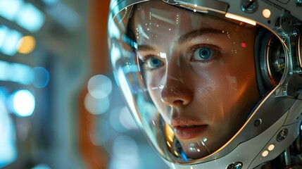 Half-Robot Half-Human Portrait in a Futuristic Laboratory