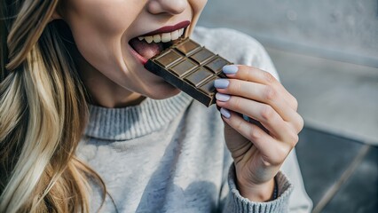 Closeup woman eating chocolate 