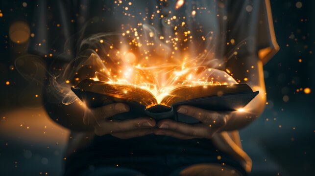 The scene depicted in the book, when opened and read, entices enchantment, sparking a blaze of light amid darkness with its wonder