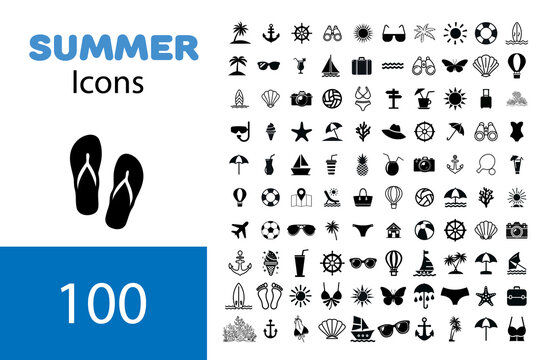 Summer vector icon set. Icons, signs and banners. Collection elements for summer holidays, travel, tourism and parties. Vector illustration