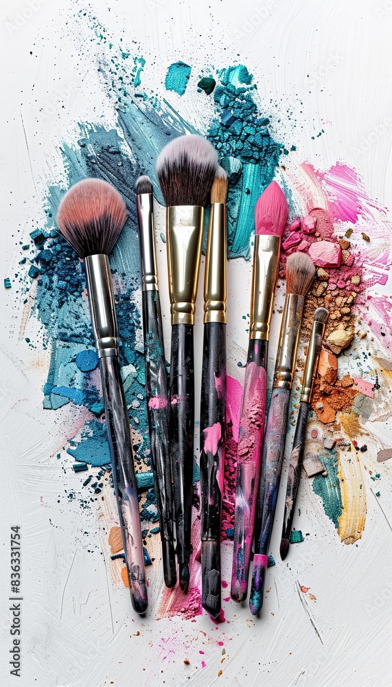 Poster a group of makeup brushes covered in vibrant eyeshadow and blush on a white background. generative a