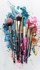 A group of makeup brushes covered in vibrant eyeshadow and blush on a white background. Generative AI