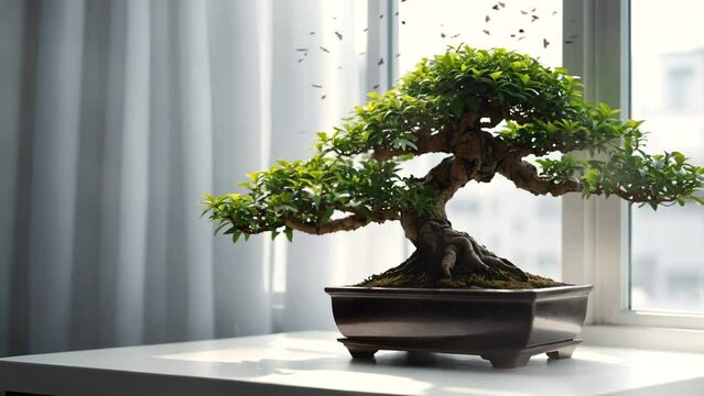 bonsai plants in beautiful pots on the table