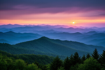Obraz premium Sunset Over The Great Smokey Mountains with forest.